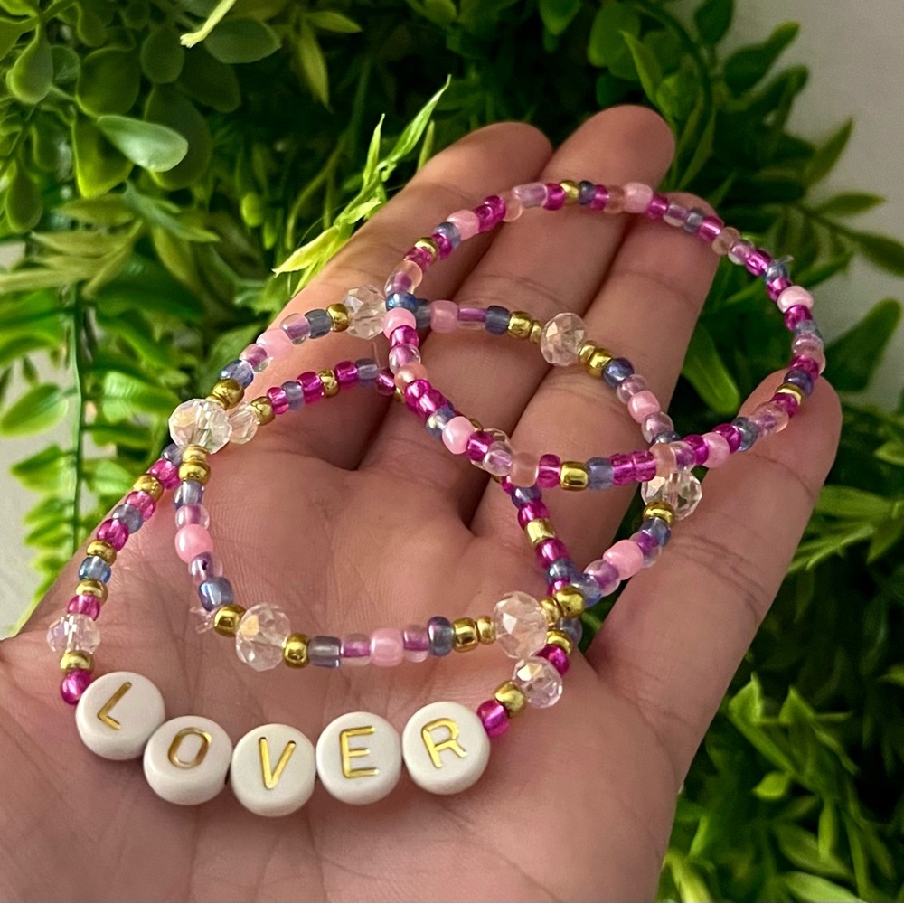 Taylor Swift Pink Purple Gold Beaded 'LOVER' Bracelet Set